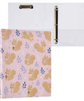 Totally Squirrel Pink Cute 3 Ring Binder With Clipboard open showing interior rings and cute squirrel pattern on cover