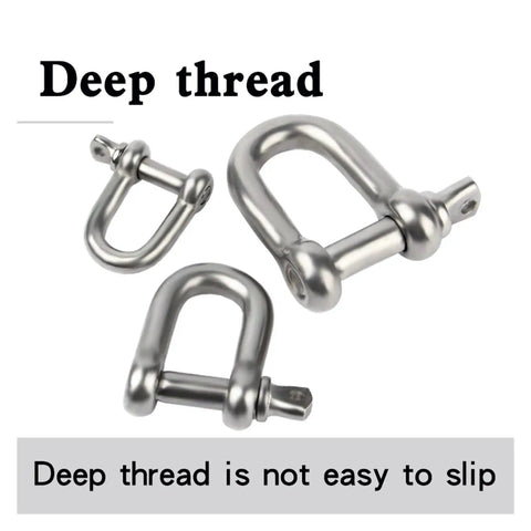 M5 D Type Clevis Shackle Real Deal 304 Stainless Steel U Shaped Rigging Hardware, showing three deep thread shackles.