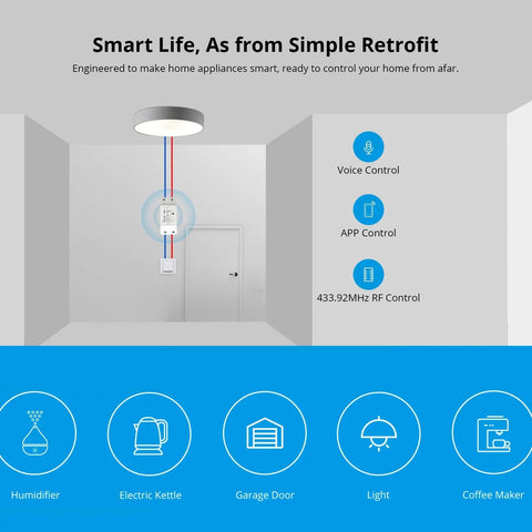 Diagram of Smart WiFi Light Switch 10A DIY Module for Home Automation demonstrating voice and app control features.