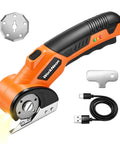 WorkNeon 4V Cordless Electric Scissors Rechargeable Cutter with blade, USB charging cable, ergonomic handle and design features.