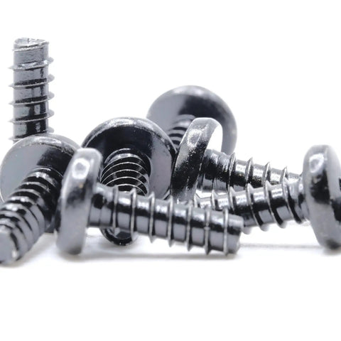 Contractor Grade ST4 X 12 Mm Pan Head Phillips Self Tapping Screws With Blunt Tip Black Oxide Steel Fasteners stacked together.