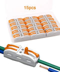 Premium SPL-2 Lever Nut Wire Connectors 15 Pack, 2 Way 4 Port Compact Splice, flame-retardant nylon, front view with wires