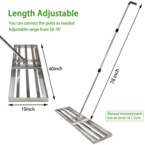 Heavy Duty Lawn Leveling Rake With Stainless Steel Pole, Rustproof Yard Smoothing Tool, 6.5 Ft Reach, adjustable length shown