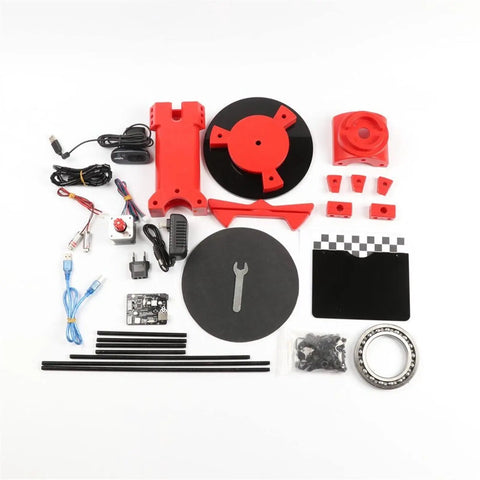 Next Level Precision Open Source Diy 3D Scanner Kit Featuring Red Injection Molded Parts, various components neatly arranged.