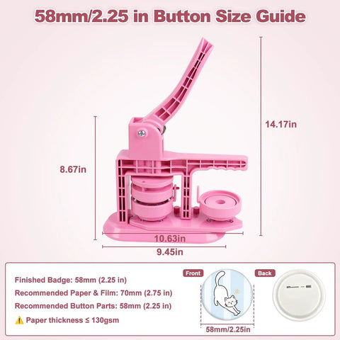 Blush Pink Button Maker Machine 58mm Pin Badge Press Tool With 30 Complete Sets And Sharp Cutter Plug And Play DIY Kit size guide image.