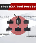 Six Piece BXA Wedge Type Quick Change Tool Post Set with steel holders for 10 to 15 inch swing lathes, highlighting features.
