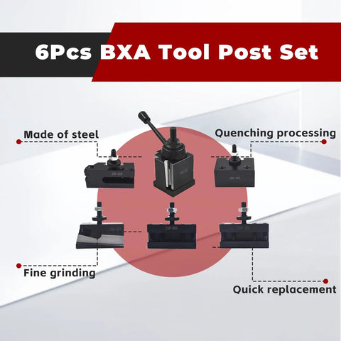 Six Piece BXA Wedge Type Quick Change Tool Post Set with steel holders for 10 to 15 inch swing lathes, highlighting features.
