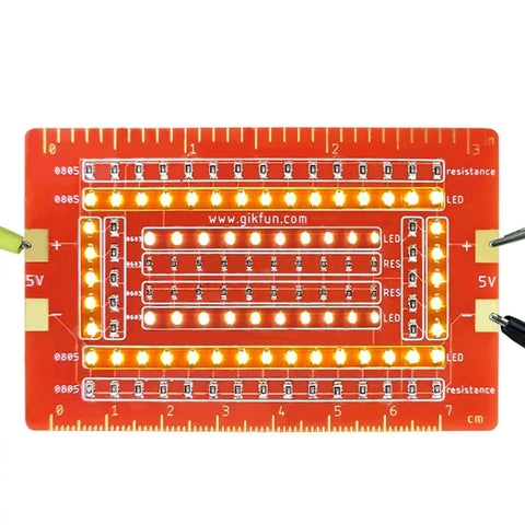 Hands On Soldering Practice Kit For SMD And SMT Training Board DIY For School Projects And Electronics Hobbyists To Boost Soldering Speed Accuracy And Skill GK1023, front view of PCB with LED indicators.