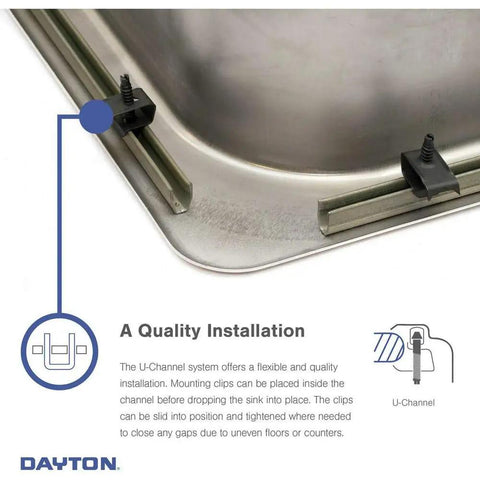 Close-up of Single Bowl Drop-In Stainless Steel Kitchen Sink 25 By 21 Inches installation clips and U-channel system.