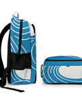 Side view of Unisex Minimal Wave Art Backpack In Cobalt Blue, Large Capacity Daypack, Durable Polyester Build, showing zipper.