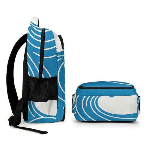 Side view of Unisex Minimal Wave Art Backpack In Cobalt Blue, Large Capacity Daypack, Durable Polyester Build, showing zipper.