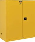 No Slouch Double Drum Safety Cabinet For Flammable Liquids With Manual Close and Drum Rollers, yellow metal storage for two 55-gallon drums.