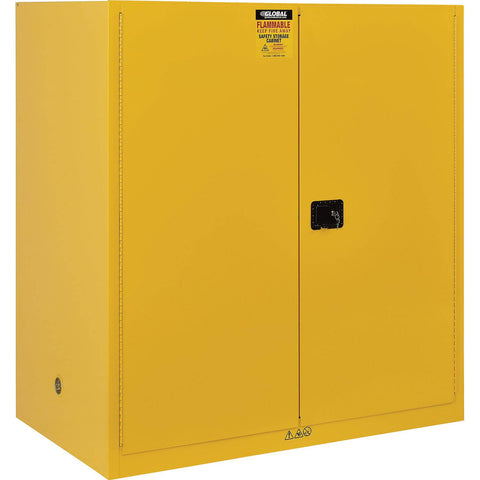 No Slouch Double Drum Safety Cabinet For Flammable Liquids With Manual Close and Drum Rollers, yellow metal storage for two 55-gallon drums.