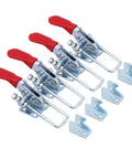Heavy Duty Latch Type Toggle Clamps With Massive 360 Pound Holding Power For Tough Metal And Wood Assembly Jobs To Keep Your Projects Steady And Secure During Any DIY Or Professional Shop Work Today, set of four clamps with red handles.