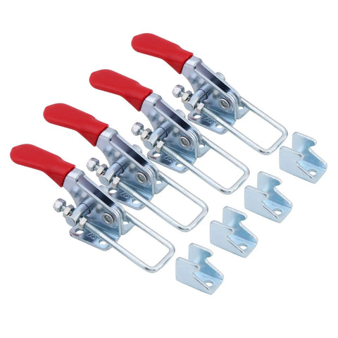 Heavy Duty Latch Type Toggle Clamps With Massive 360 Pound Holding Power For Tough Metal And Wood Assembly Jobs To Keep Your Projects Steady And Secure During Any DIY Or Professional Shop Work Today, set of four clamps with red handles.
