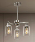 Three Light Brushed Nickel Pendant Chandelier For Kitchen Island, Modern Industrial Hanging Lamp With Clear Glass Shade, Adjustable Ceiling Fixture For Dining Room, sleek design with clear cylindrical shades.