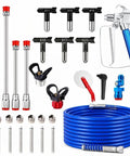 No Hassle Pro Airless Paint Sprayer Kit With 3600 PSI Pump And Fifty Foot Reinforced Hose Including Six Swappable Tips Plus Extension Rods and accessories.