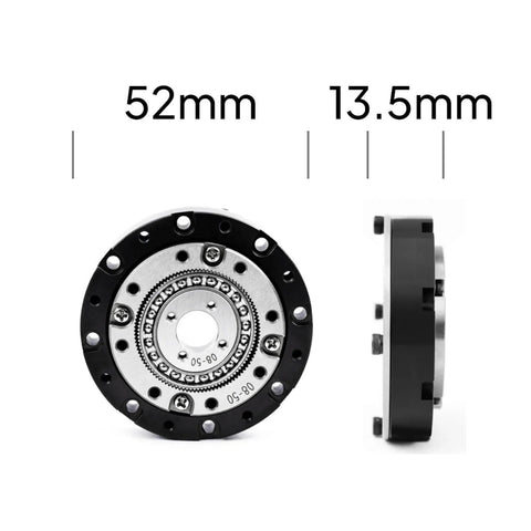 Front and side view of Small Hollow Nema 14 17 Servo Motor with 52mm Gearbox Strain Wave Gear Harmonic Drive 100 to 1 Reduction.