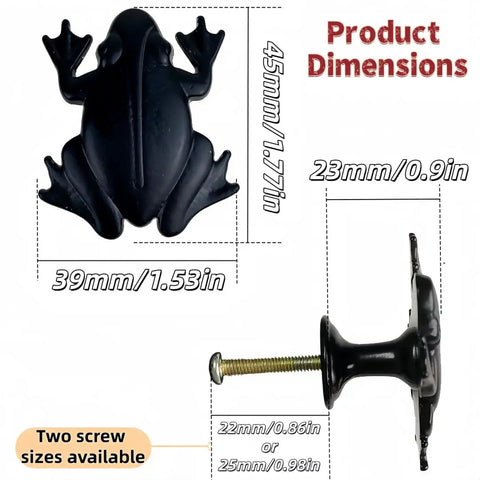 Frog Shaped Cabinet Knobs Set Of 4 Black Zinc Alloy Drawer Pulls dimensions shown, highlighting 45×39×23 mm size.
