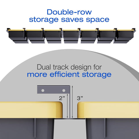 Dual track design of Updated 2 Set Overhead Garage Storage Rack Heavy Duty 13 Gauge Ceiling Bin Organizer, black system.