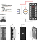 Diagram and dimensions of Six Way Marine Blade Fuse Block With Negative Bus Waterproof ATC ATO Fuse Box Panel For Boat RV Car Trailer.