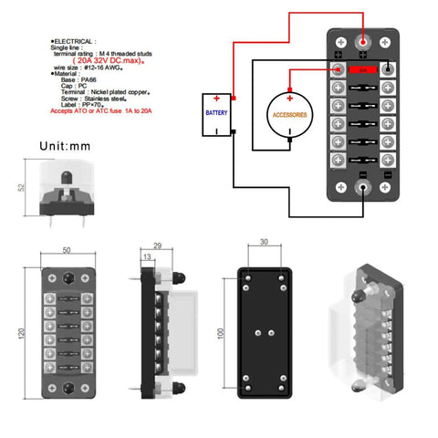 Diagram and dimensions of Six Way Marine Blade Fuse Block With Negative Bus Waterproof ATC ATO Fuse Box Panel For Boat RV Car Trailer.