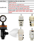 Front view of katikies ARF-2 manual pool filter air relief valve with pressure gauge; beige pool filter tanks shown.