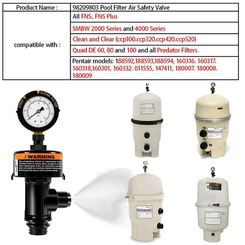 Front view of katikies ARF-2 manual pool filter air relief valve with pressure gauge; beige pool filter tanks shown.