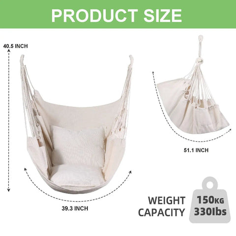 Boho Macrame Hammock Chair Hanging Rope Ceiling Swing For Indoor And Outdoor Use, Cozy Lounge, Beige, Dimensions 40.5x39.3x51.1 in