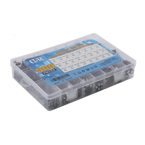 Clear box containing Massive 500Pcs Aluminum Electrolytic Capacitor Kit With 24 Value Range From 0.1uF To 1000uF And 10V 16V 25V 50V Ideal For Quick Electronics Repairs On Circuit Boards.