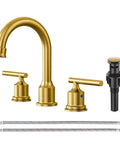 Gold 3 Hole Widespread Bathroom Faucet With 8 Inch Centers Two Handle Brass Vanity Tap Antique Style With Pop Up Drain