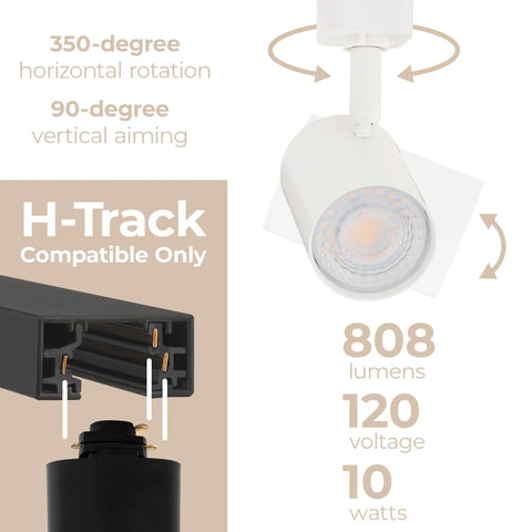 Amped Collection 3 Light LED Track Kit with 4ft Track and Floating Feed in white, showing adjustable 350-degree rotation and H-Track compatibility.