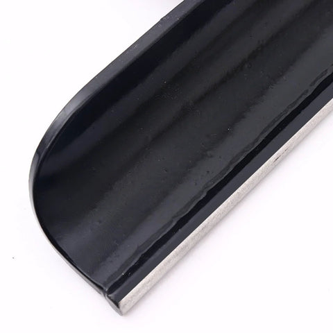 12-inch stainless steel lathe tool rest for woodturning, side view with black-coated top and silver base