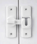 Matte White Barn Door Lock Latch Set 90 To 180 Degree Right Angle Gate Lock for Cabinets Bathrooms and Sliding Doors shown installed