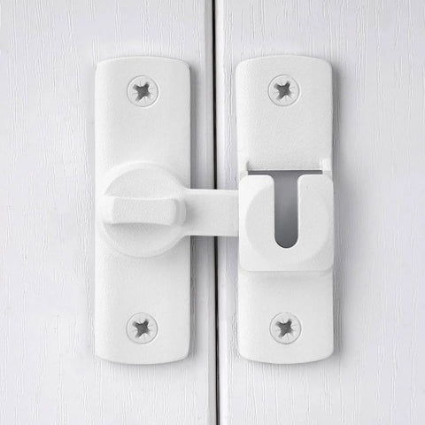 Matte White Barn Door Lock Latch Set 90 To 180 Degree Right Angle Gate Lock for Cabinets Bathrooms and Sliding Doors shown installed