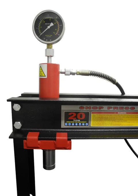 Built Tough 20 Ton Air Powered Hydraulic Shop Press With Adjustable Height Base And Dual Direction Ram Cylinder pressure gauge detail