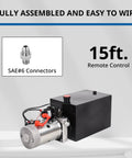 Beefy 12V DC Hydraulic Power Unit With 20 Quart Reservoir, 3200 PSI Single Acting Pump, displayed with 15ft remote control