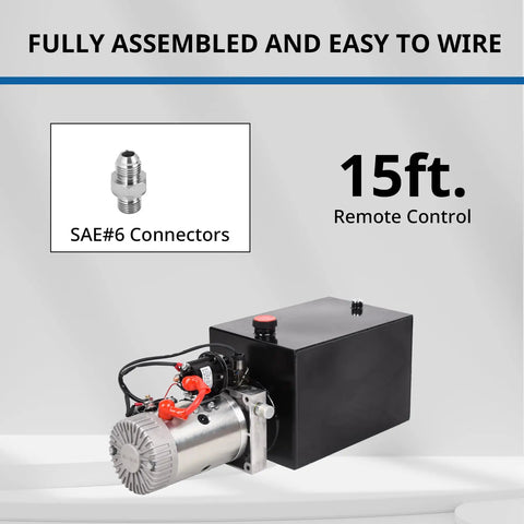 Beefy 12V DC Hydraulic Power Unit With 20 Quart Reservoir, 3200 PSI Single Acting Pump, displayed with 15ft remote control