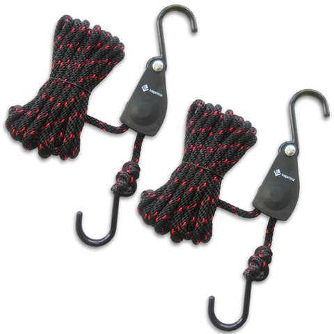 Two-pack Heavy Duty Kayak And Canoe Tie Down Straps With Ratchet Pulley Rope Hanger, 12 Feet, Black Sleeve Elite