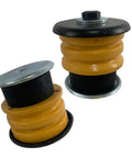 Heavy Duty Badass Body And Cab Mount Bushing Kit For 2002 To 2005 Ford Explorer and Mercury Mountaineer, includes two yellow rubber cushions.