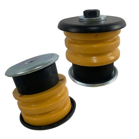 Heavy Duty Badass Body And Cab Mount Bushing Kit For 2002 To 2005 Ford Explorer and Mercury Mountaineer, includes two yellow rubber cushions.
