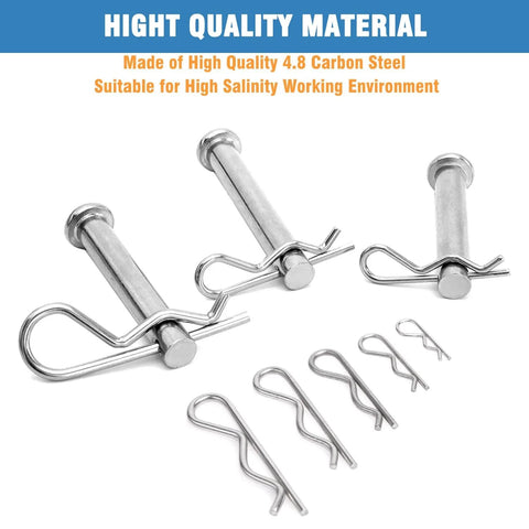 Set Of Sixteen Heavy Duty Cotter Pins And Hitch R Clips For Trailers Tractors Mowers And Carts Durable 3Mm Wire Diameter By 65Mm Length Spring Retaining Pins Beefy Steel Pin Clips For Trucks And Outdoor Equipment in various sizes on display.