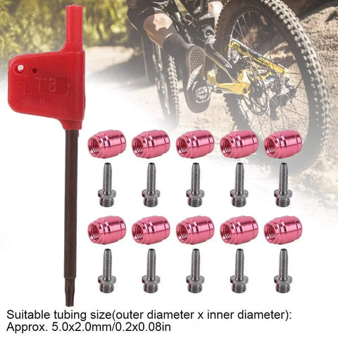 All In One Hydraulic Bike Fitting Kit With 10 Barbed Olive Set And Stainless Steel Brake Line Needles Plus T8 Tool For Universal Hydraulic Brake Installations Quick And Easy Road And Mountain Bike Repairs, with red T8 tool and silver needles displayed.