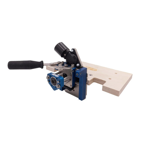 Side view of MortiseMate Loose Tenon Jig for Woodworking Easy Mortise Cutter with auto indexing, attached to a wooden surface.