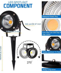 Low Voltage Landscape Spotlight Set 18W Outdoor Waterproof LED Path Lights, spiked stake, aluminum, IP65, front and side view.