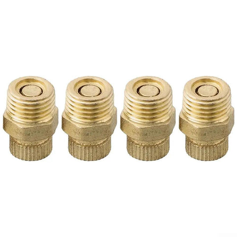 Heavy Duty Set Of Four Brass Drain Screws For Air Compressor Tanks And Compact Pumps showing four brass drain screws angled view.