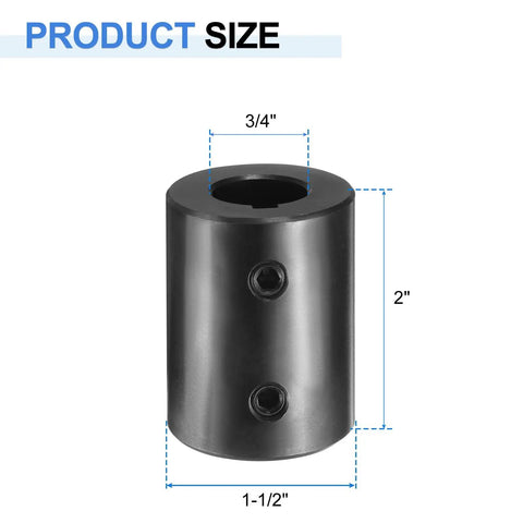 Rigid Shaft Coupling Built To Last For Motors And 3D Printers, Bore Three Quarters Inch, Outside Diameter One And Half Inch, Length Two Inches, Black Oxide Plated ASTM1045 Steel, With Two Set Screws, Durable High Precision Coupler