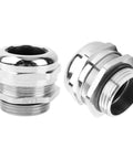 Heavy Duty Tough As Nails 1 Inch NPT Nickel Plated Copper Waterproof Cable Gland 2 Pack With Sealing Nuts Lock Rings And Gaskets Fits Cables 18 To 25 Millimeter For Outdoor Electrical Panels Industrial Equipment And Automotive Use, shown with two gland angles