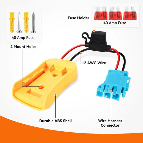 20V Battery Adapter With 12AWG Wire Harness And 40A Fuse For Peg-Perego Ride-On Cars showing components labeled.