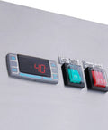 Digital thermostat and switches on Heavy Duty Commercial Reach In Freezer With Dual Glass Doors And Rock Solid Stainless Build.